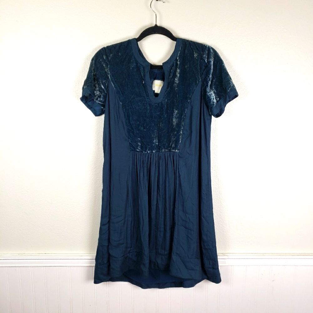 Anthropologie Boho Maeve Blue Crushed Velvet Midi Dress Size Medium